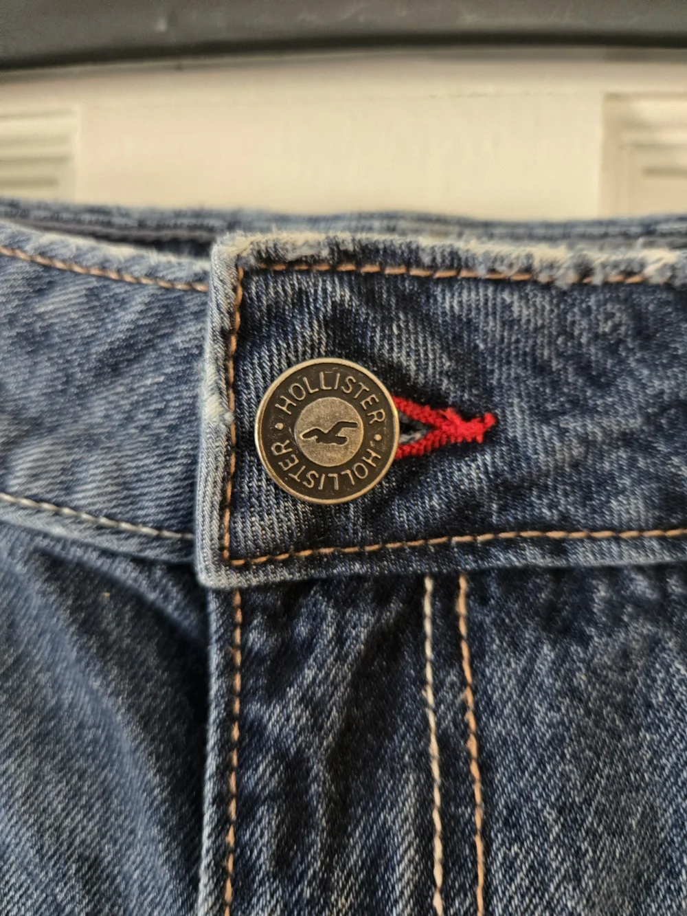 Hollister Blue Denim Cutoff Jorts with Red Accent - Picture 3 of 6